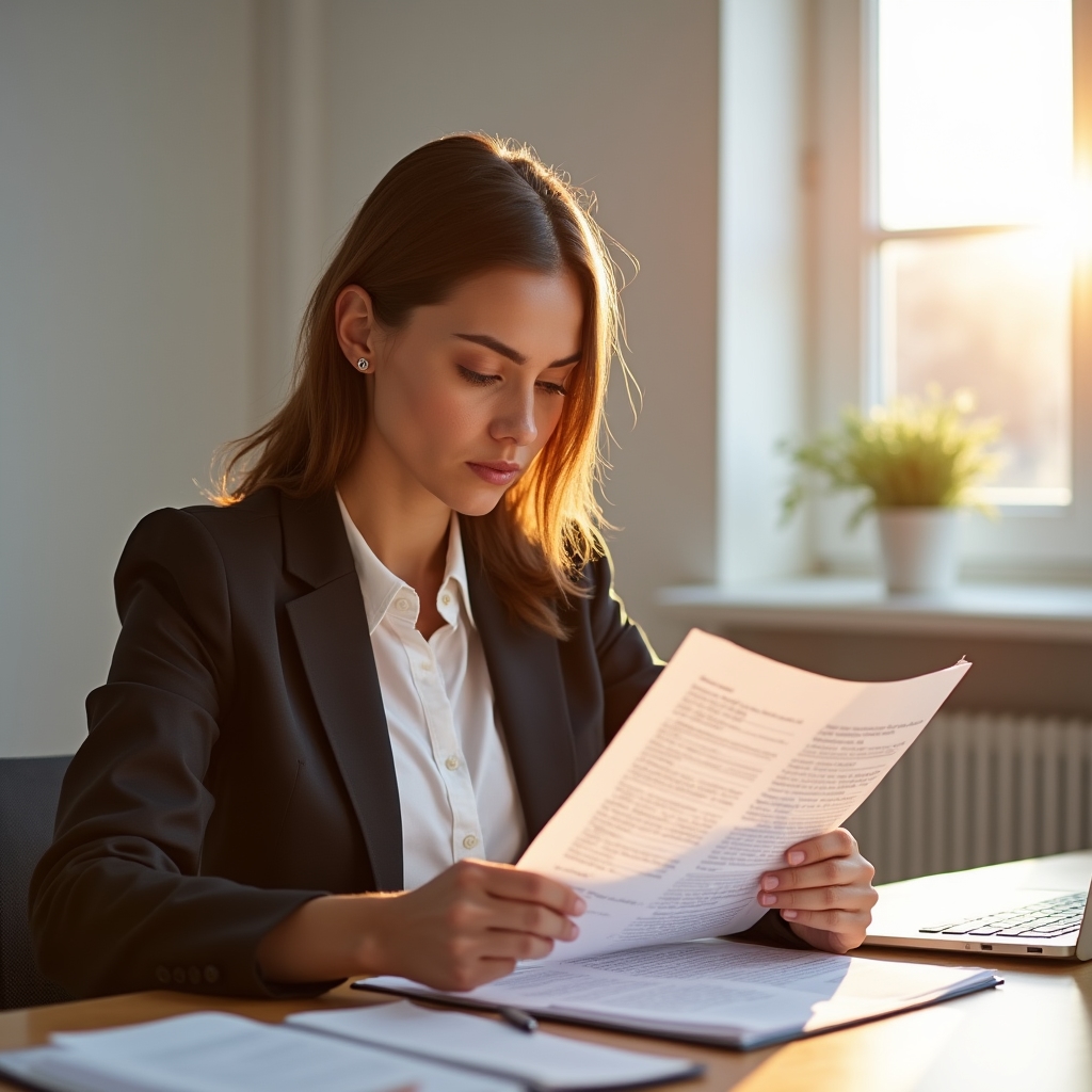 Writer reviewing printed public documents and handwritten notes at a bright minimalist desk