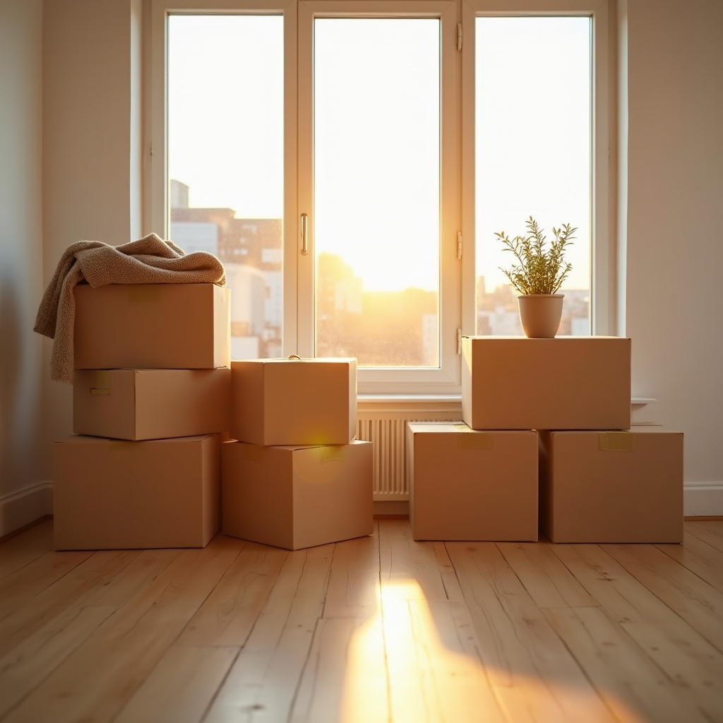 Stack of moving boxes near a sunlit apartment window during relocation