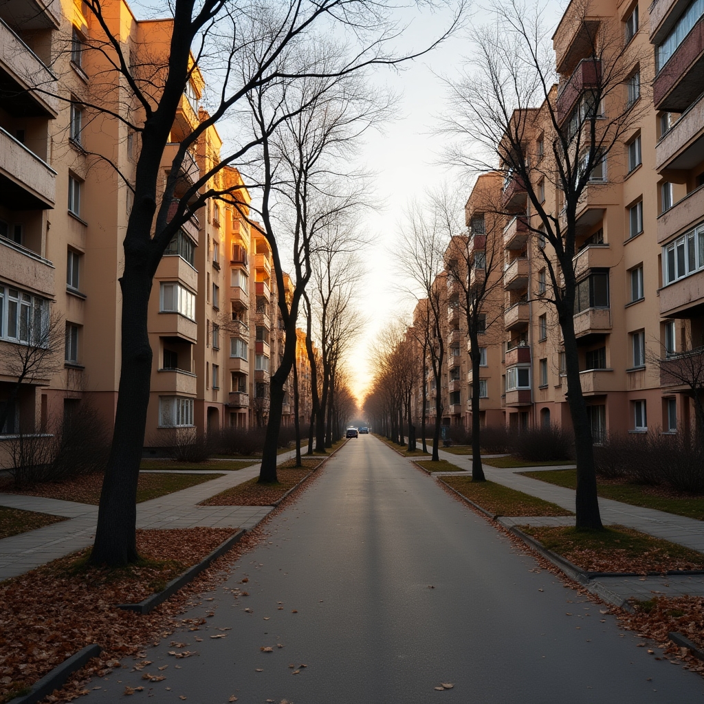 Residential street lined with apartment buildings in a Romanian city during autumn