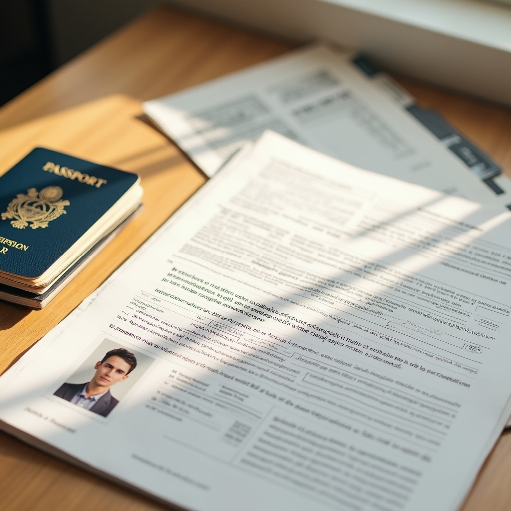 Passport, application form and folder of documents arranged on a desk for a residence permit application